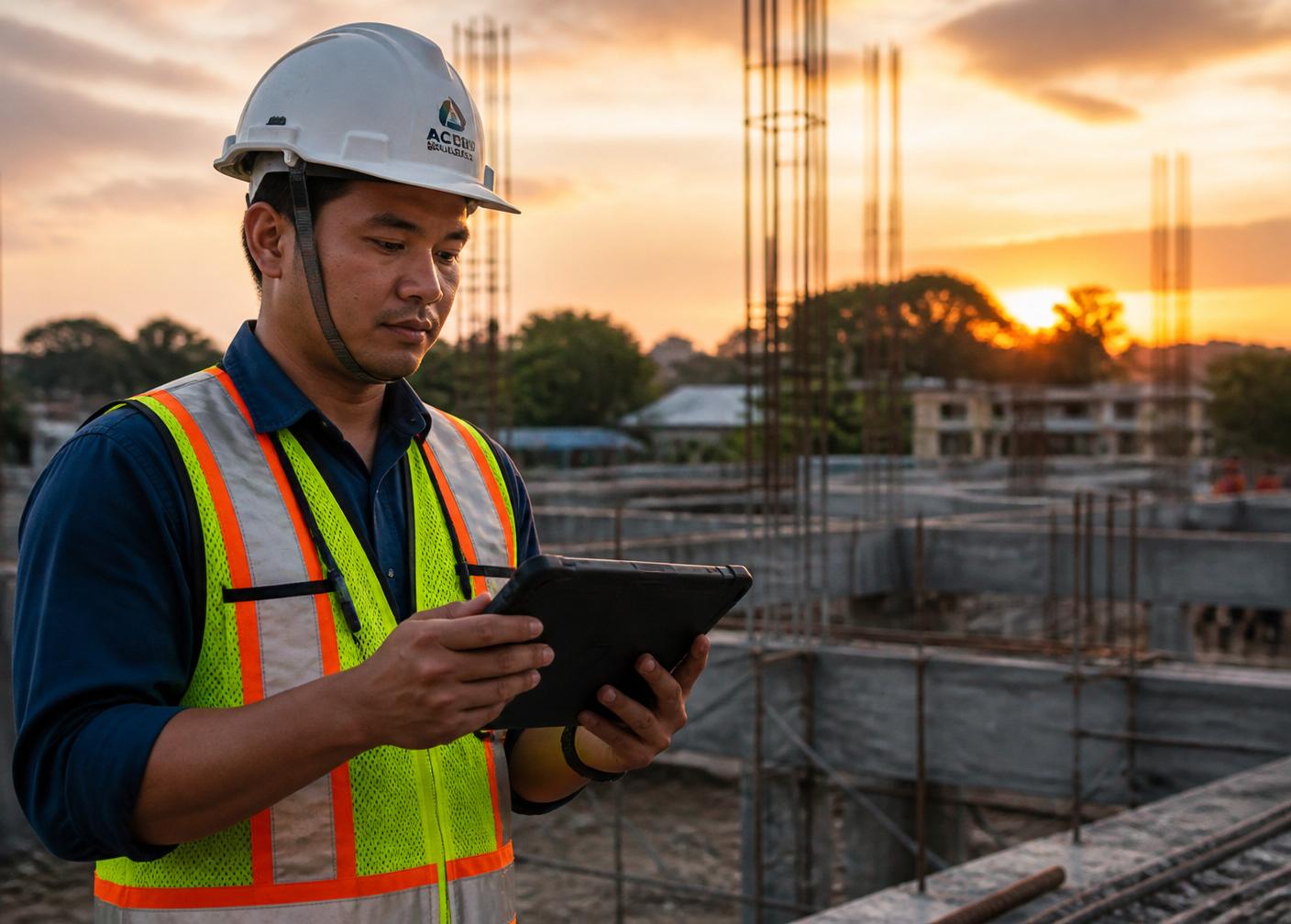 Filipino field engineer reviewing site plans on a tablet