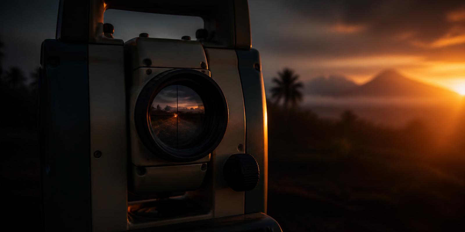 Close-up of a survey total station lens at dusk